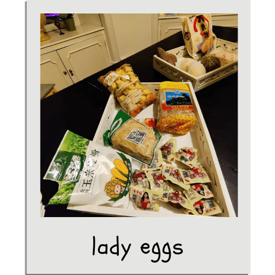 Here is an example of a MysteryBox™ ingredient box - you can see various strange items including the notorious 'lady eggs' (pickled preserved eggs in small packages) from an asian supermarket.