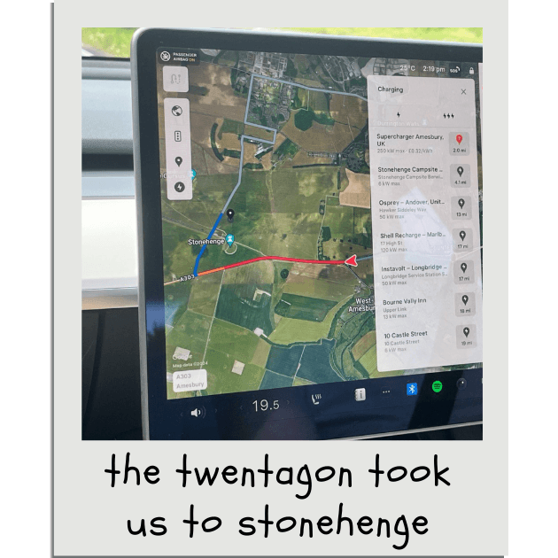 Kirsten and Owen rolled the twentagon to determine where to drive in the UK one day. They randomly numbered locations on a map, and rolled. The twentagon took them to the region of Stonehenge!